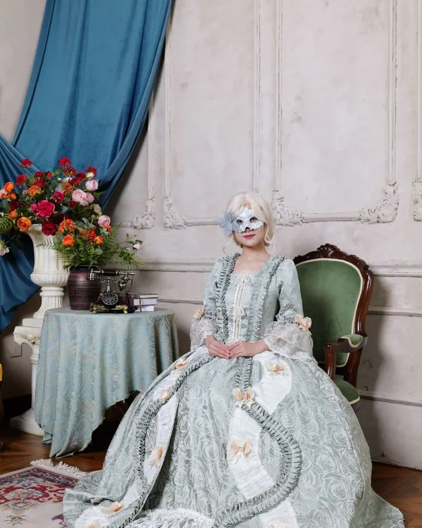 Mint Marquise — Mint Brocade Rococo Ball Gown with Cream Bows