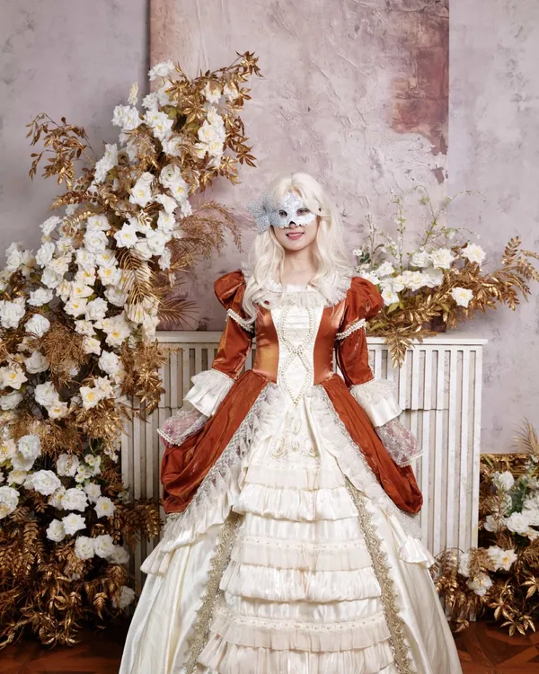 Amber Rust — Rust Satin & Cream Tiered Victorian Ball Gown