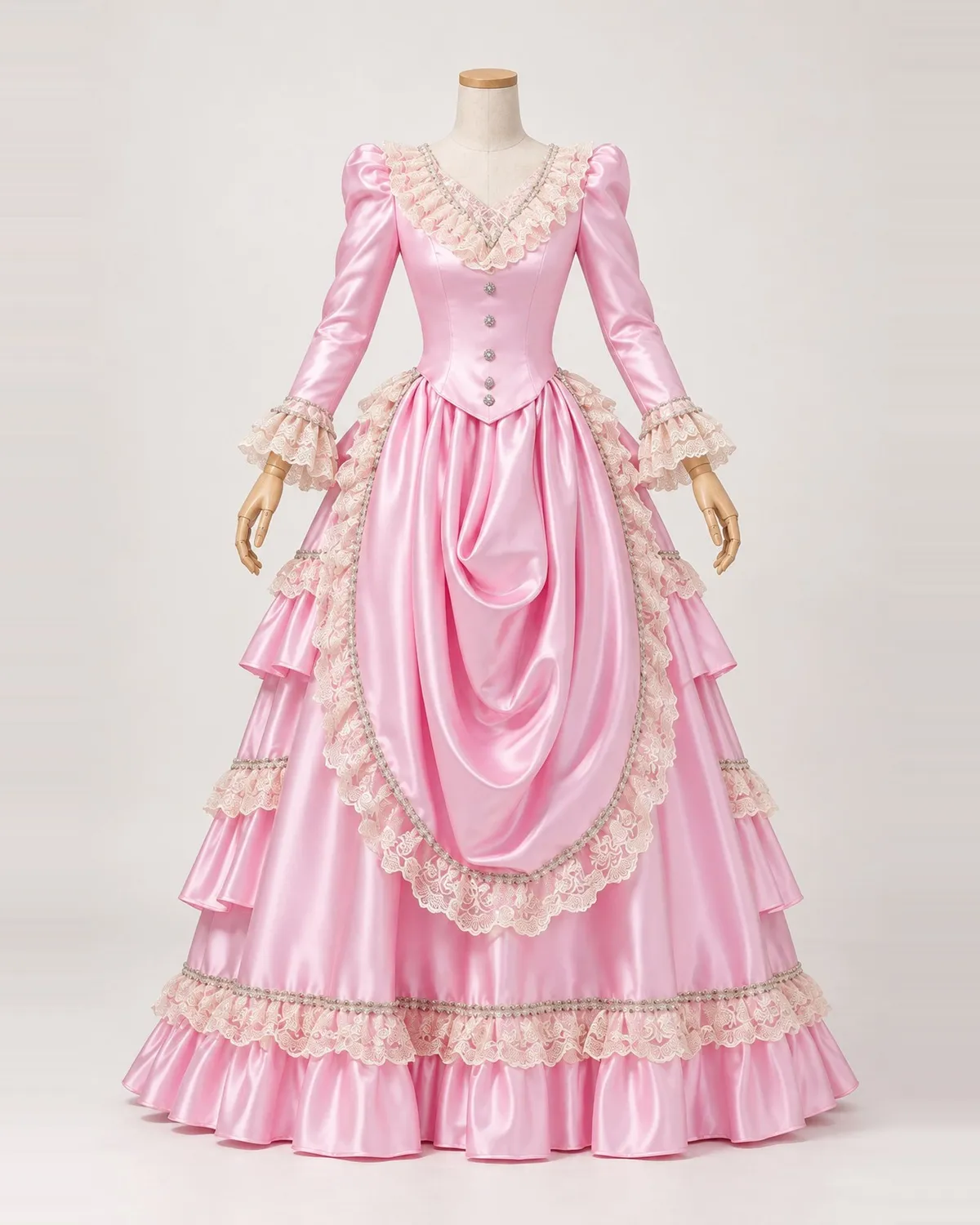Rosine Drapée — Pink Satin-Look Gown with Lace-Edged Draping — shown on a mannequin, front product view