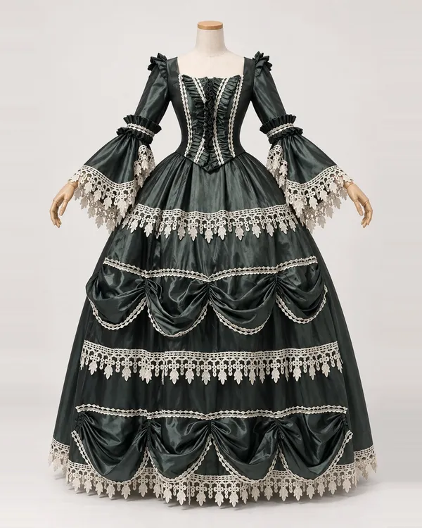 Sapin de Nuit — Dark Green Satin-Look Gown with Cream Leaf Lace