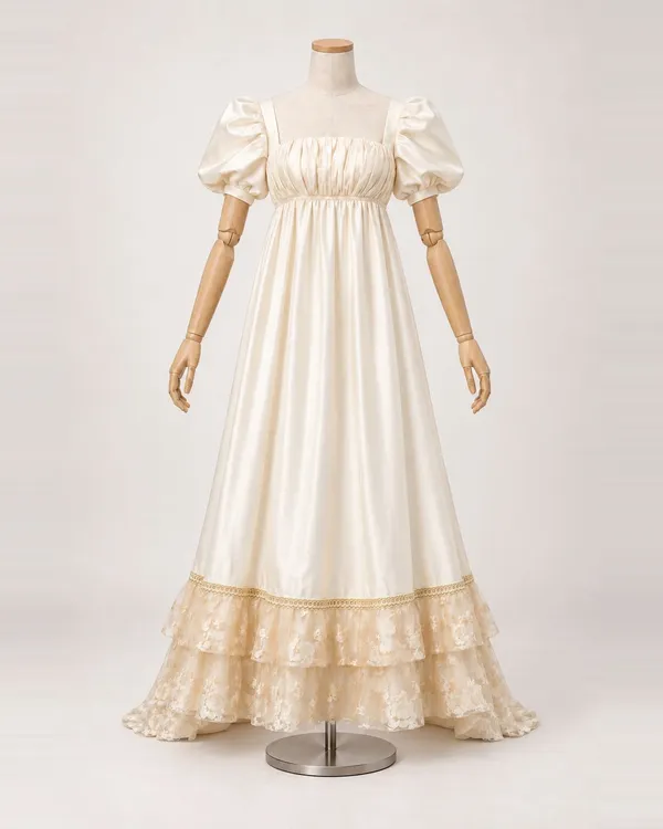 Clémence Vanille — Ivory Satin-Look Empire Gown with Double Lace Hem