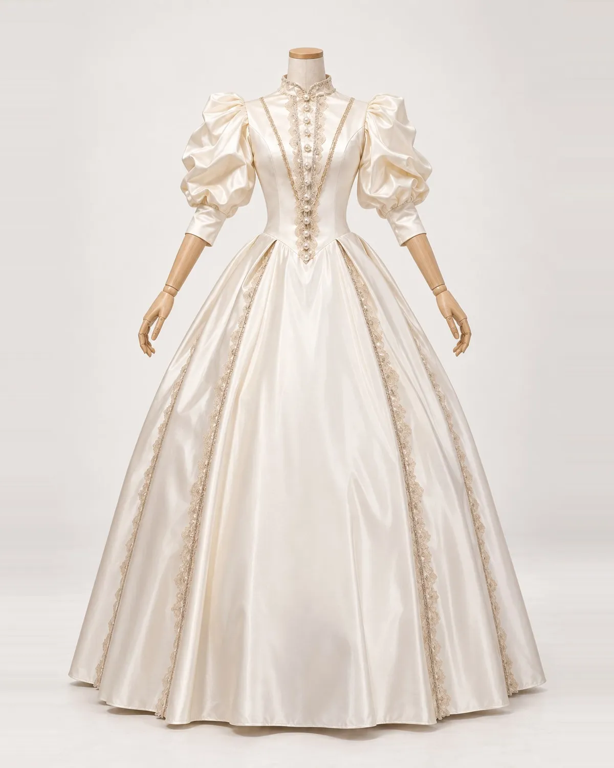Blanche Harmonie — Cream Satin-Look Gown with Puffed Sleeves — shown on a mannequin, front product view
