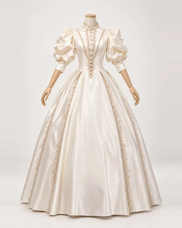 Blanche Harmonie — Cream Satin-Look Gown with Puffed Sleeves