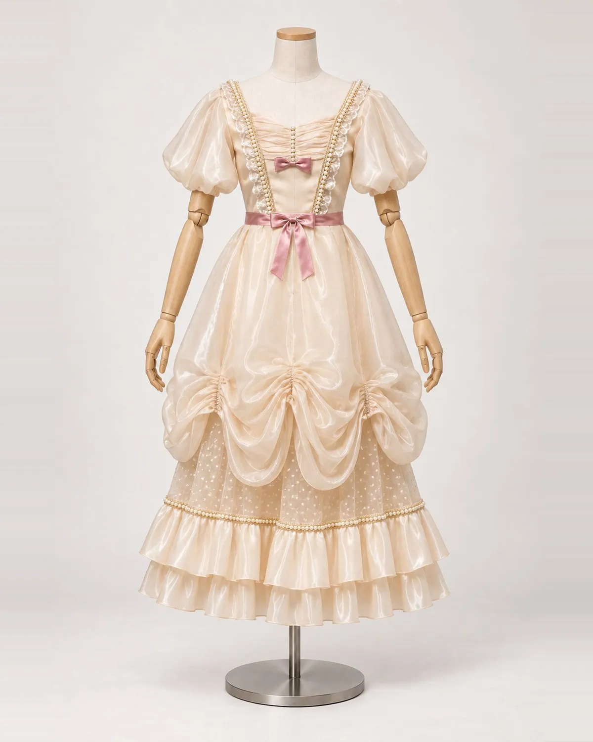 Colette Vanille — Cream Satin-Look Dress with Pink Bows — shown on a mannequin, front product view