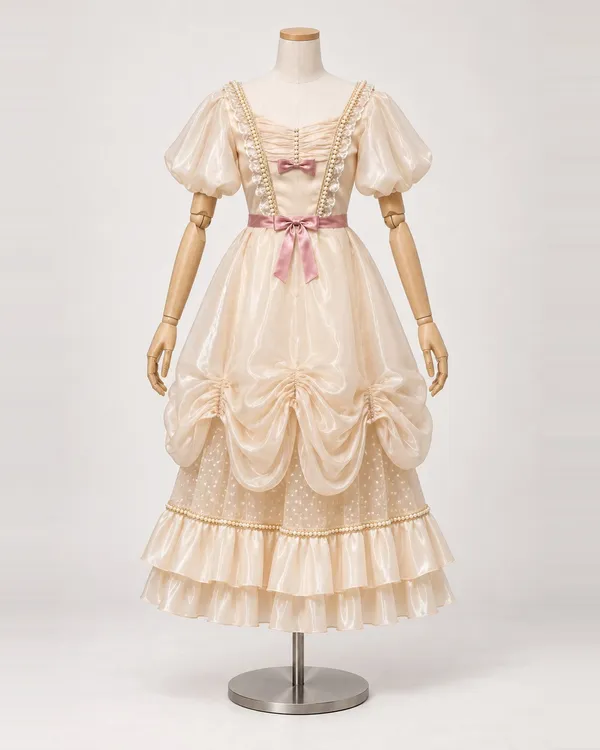 Colette Vanille — Cream Satin-Look Dress with Pink Bows