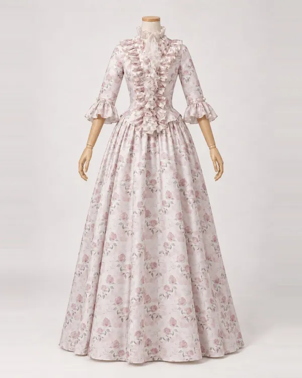 Billet Fleuri — Ivory Rose-Print Gown with Ruffled Jabot