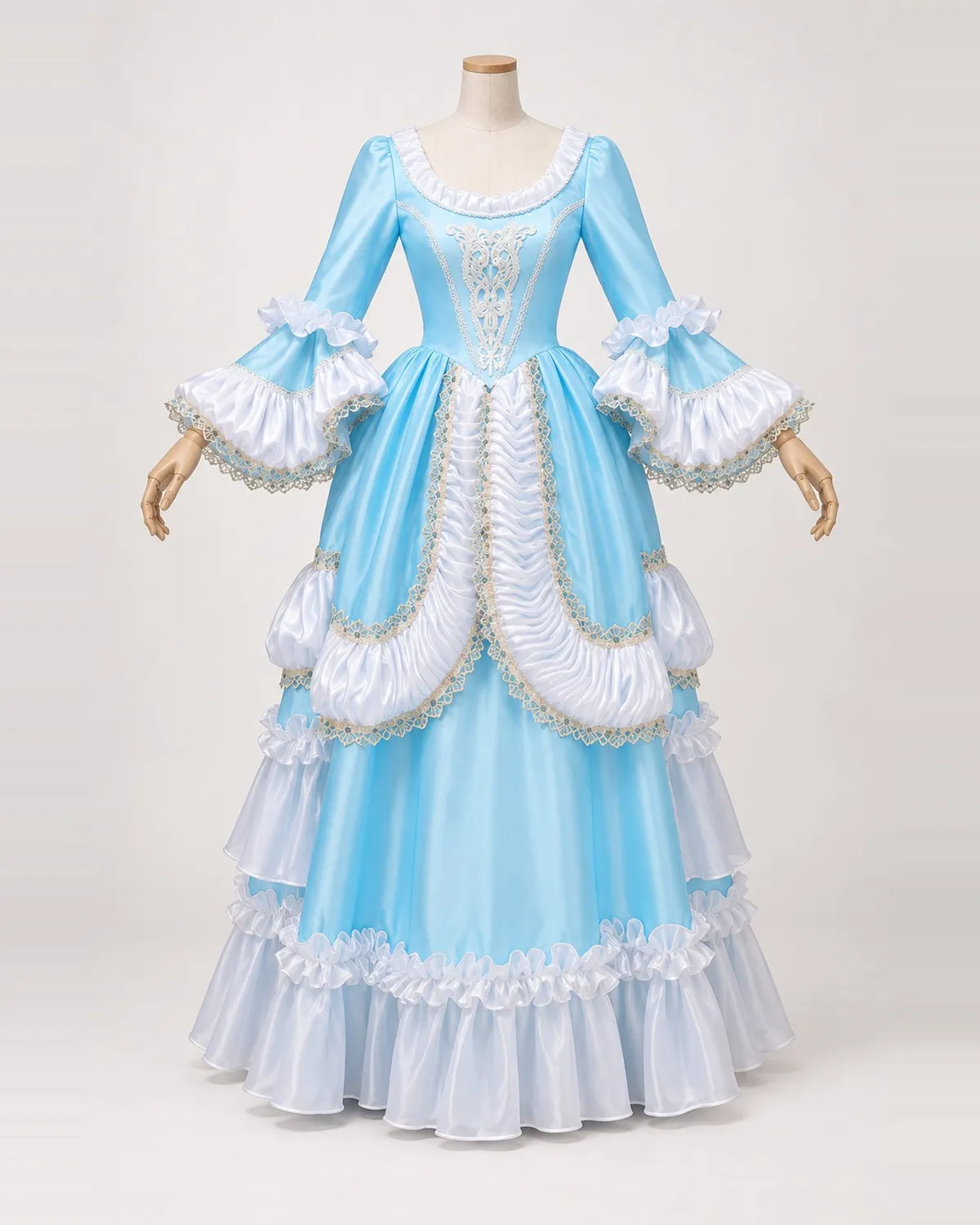 Ruisseau Céleste — Aqua Satin-Look Gown with White Ruched Scallops — shown on a mannequin, front product view
