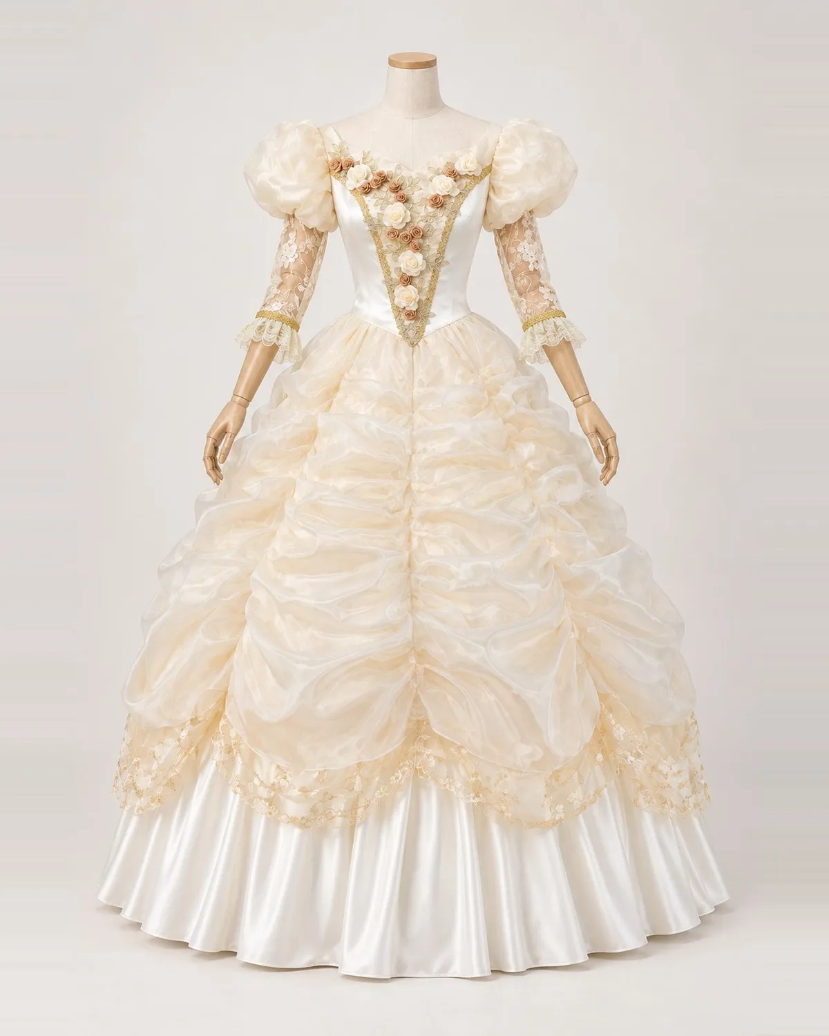Nuage Fleuri — Cream Gown with Rose Bodice and Ruched Sheer Skirt — shown on a mannequin, front product view