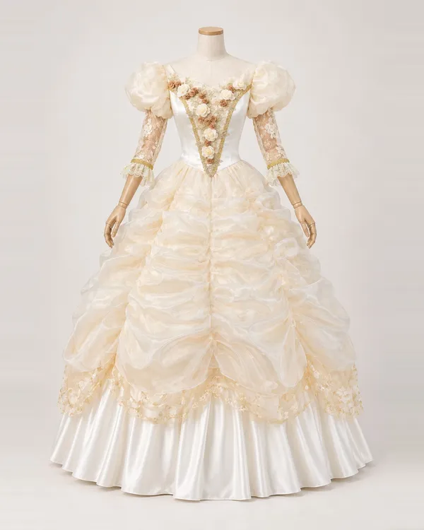 Nuage Fleuri — Cream Gown with Rose Bodice and Ruched Sheer Skirt