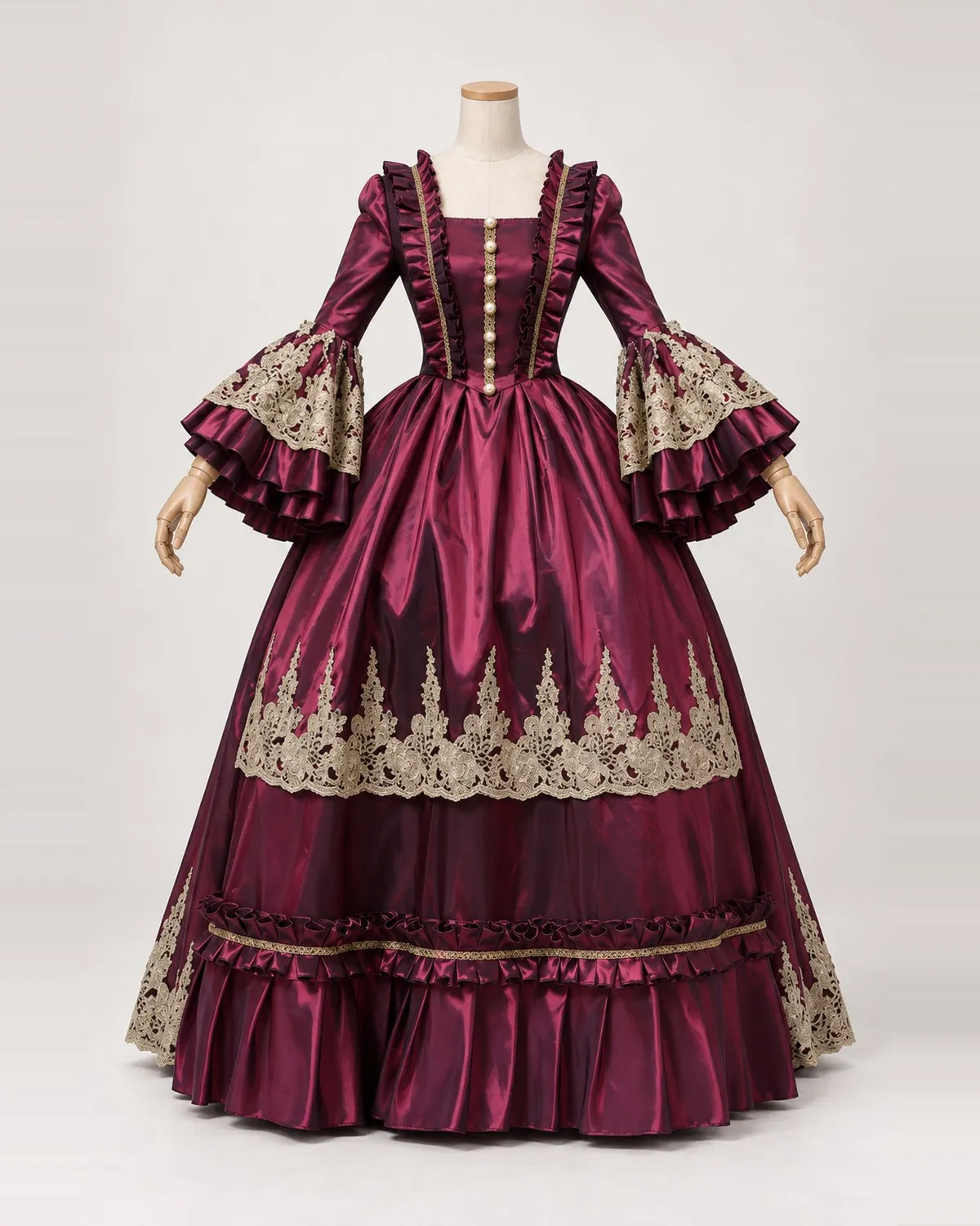 Valse Pourpre — Wine Red Satin-Look Gown with Gold Lace — shown on a mannequin, front product view