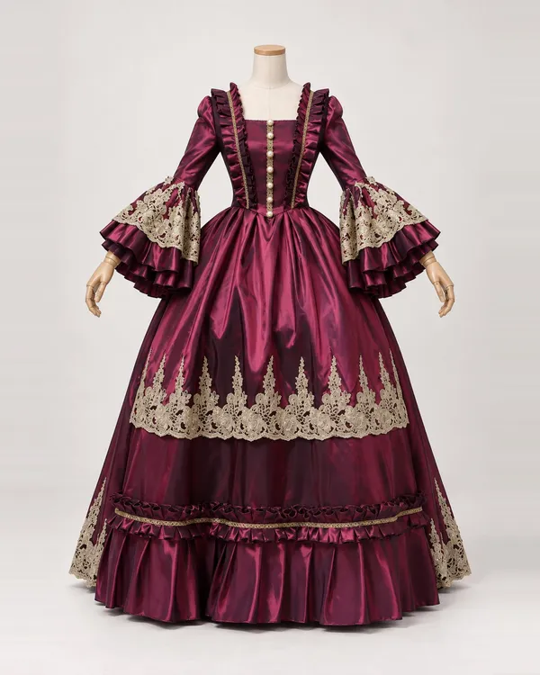 Valse Pourpre — Wine Red Satin-Look Gown with Gold Lace