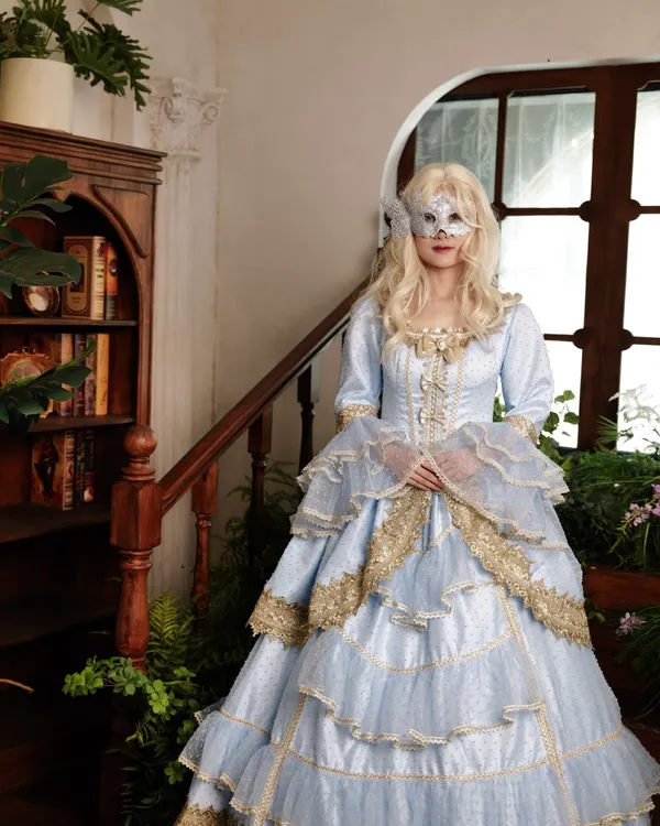 Azure Tier — Powder Blue Tiered Princess Gown with Gold Lace