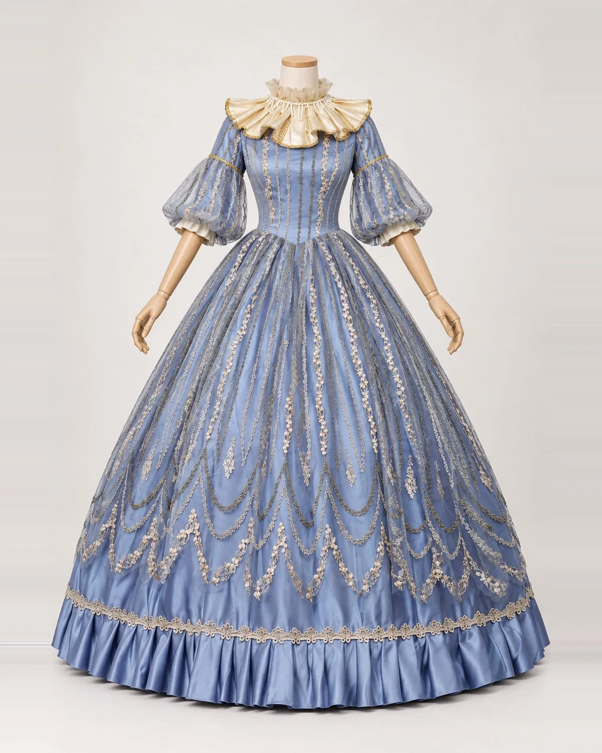 Plume d'Azur dusty blue satin gown on a mannequin, front product view