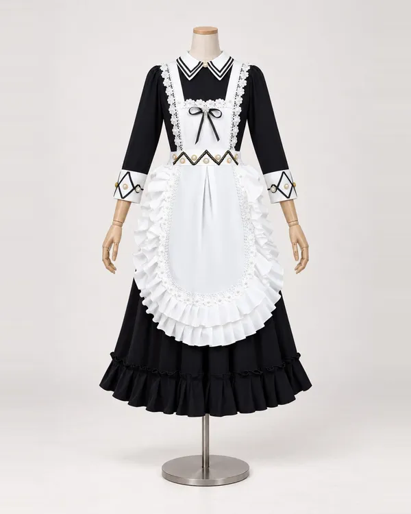 Colette Domino — Black and White Apron-Front Dress with Ruffled Tea-Length Skirt