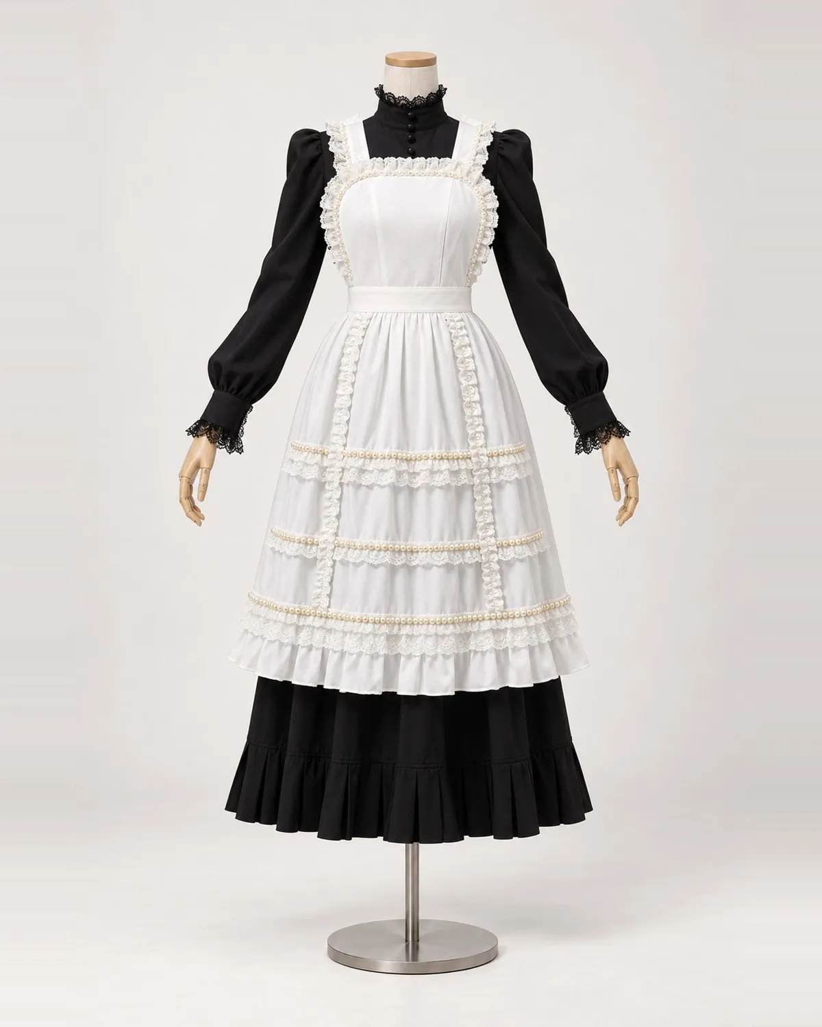 Perrette Dentelle — Black and White Long Apron Dress with Lace — shown on a mannequin, front product view