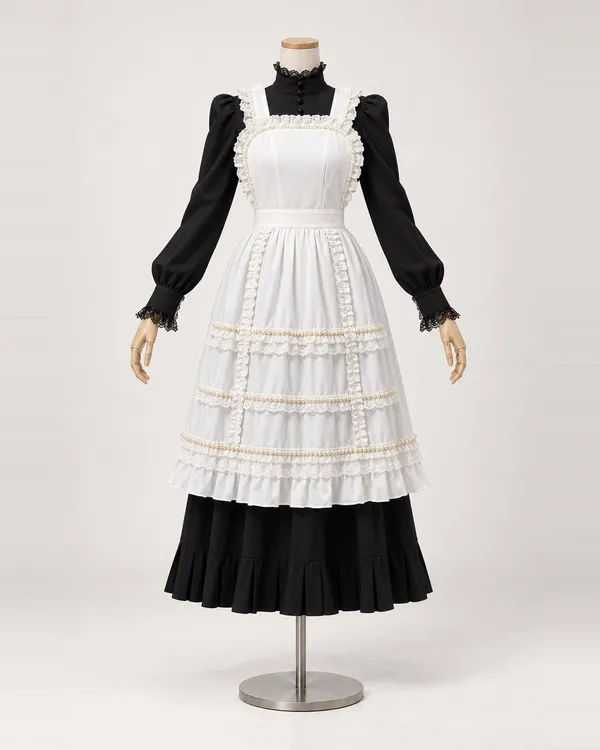 Perrette Dentelle — Black and White Long Apron Dress with Lace