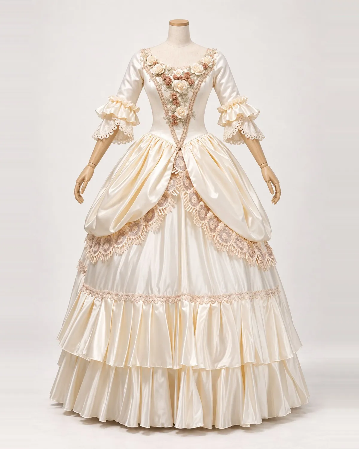 Roseraie Vanille — Cream Satin-Look Gown with Rose Bodice and Draped Skirt — shown on a mannequin, front product view