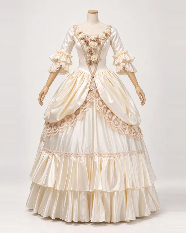 Roseraie Vanille — Cream Satin-Look Gown with Rose Bodice and Draped Skirt