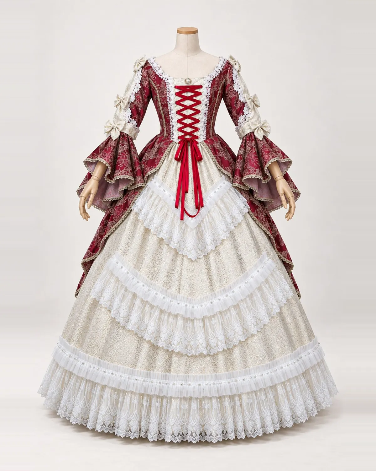 Rubis de Bal burgundy and cream ball gown on a mannequin, front product view
