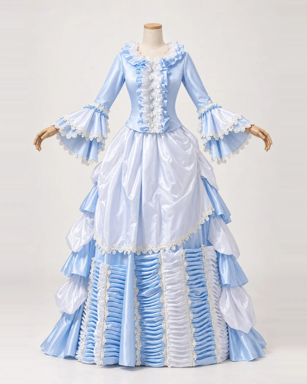 Brise de Givre — Pale Blue and White Satin-Look Gown with Ruched Skirt Panels — shown on a mannequin, front product view