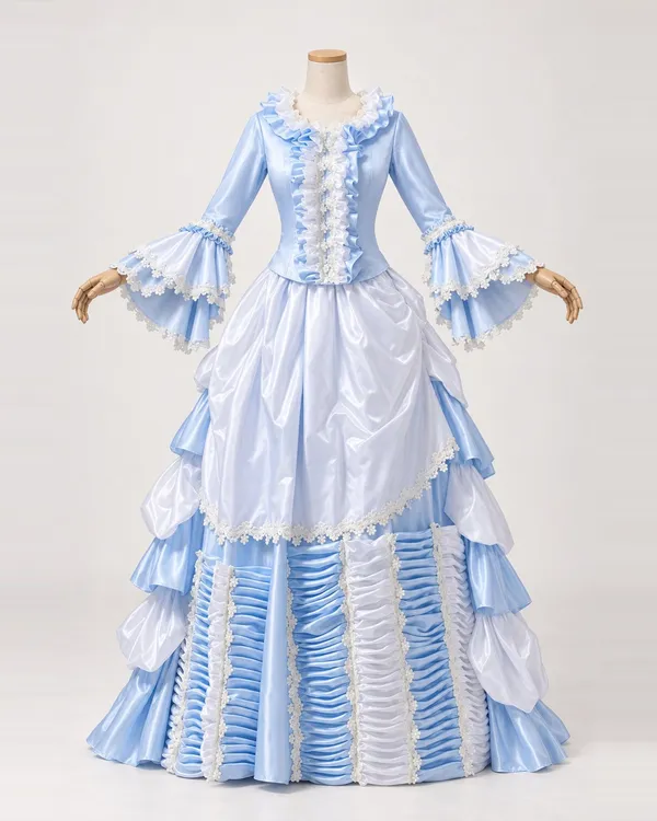 Brise de Givre — Pale Blue and White Satin-Look Gown with Ruched Skirt Panels