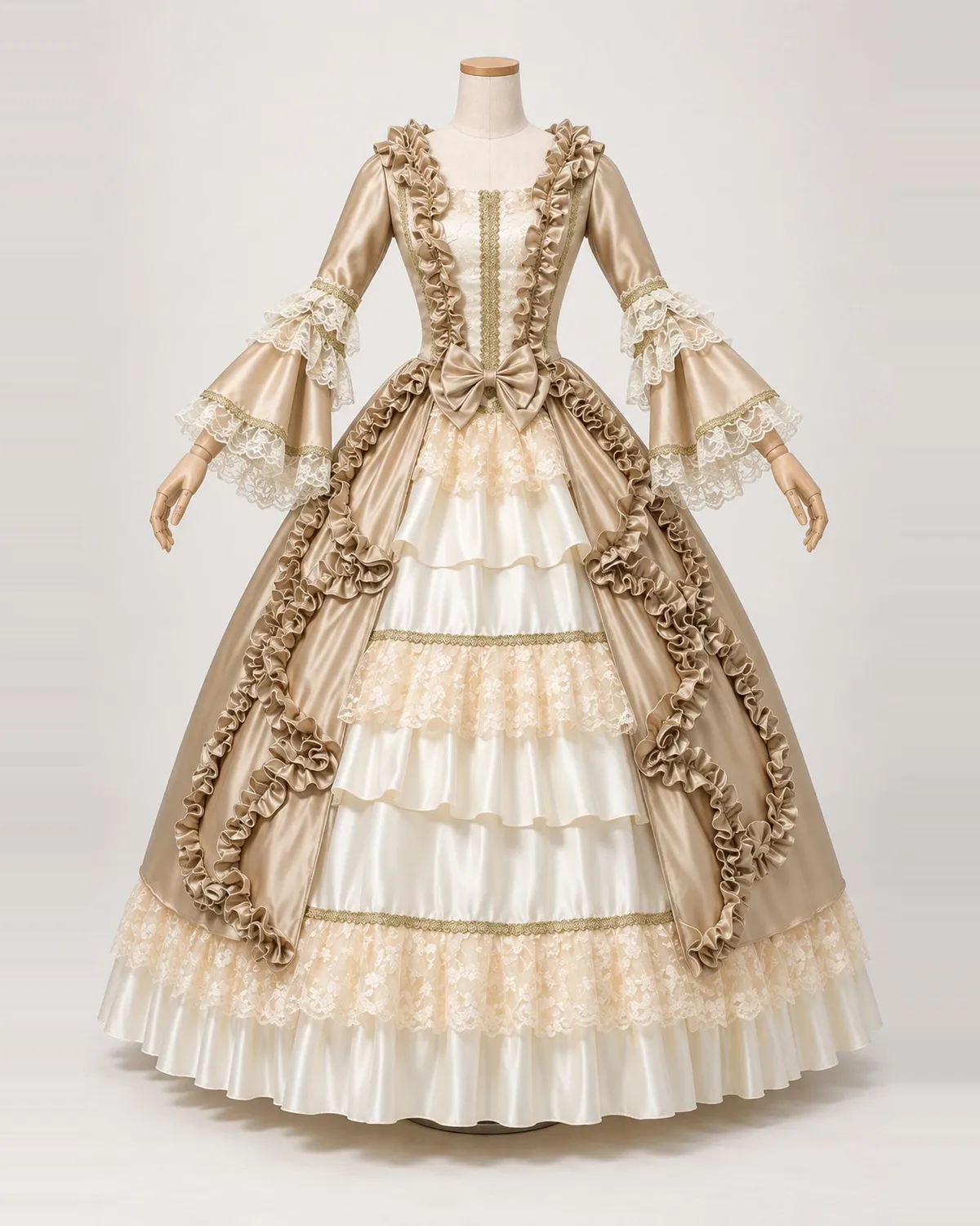 Volute de Champagne — Champagne-Gold Satin-Look Gown with Winding Ruffles — shown on a mannequin, front product view