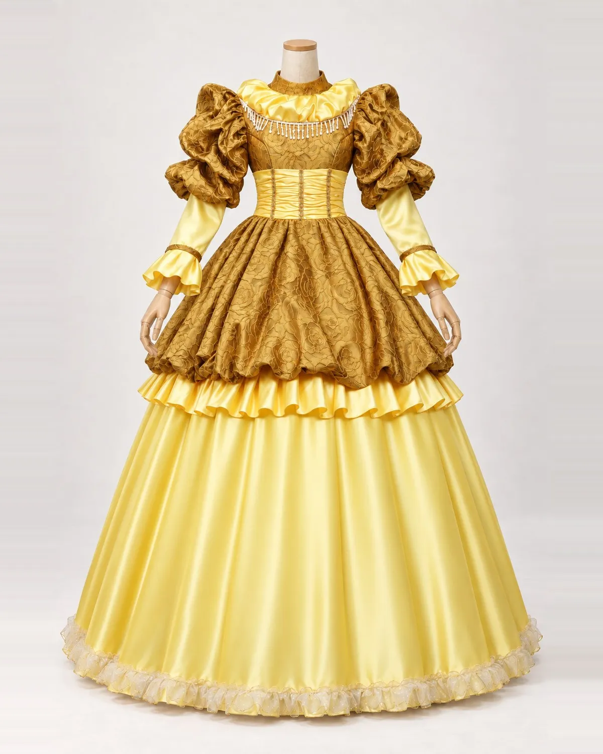 Soleil Baroque — Golden Floral Gown with Sculpted Puff Sleeves — shown on a mannequin, front product view
