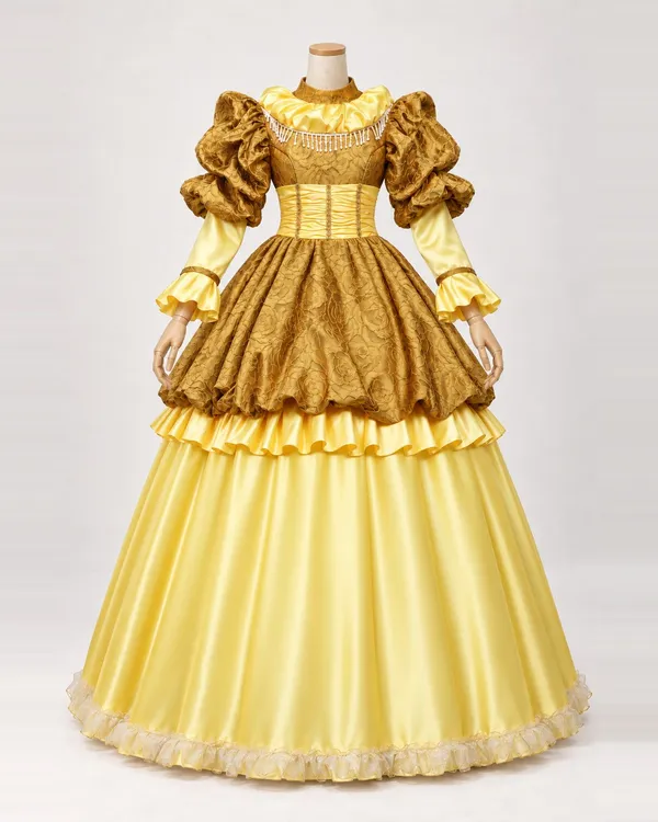 Soleil Baroque — Golden Floral Gown with Sculpted Puff Sleeves