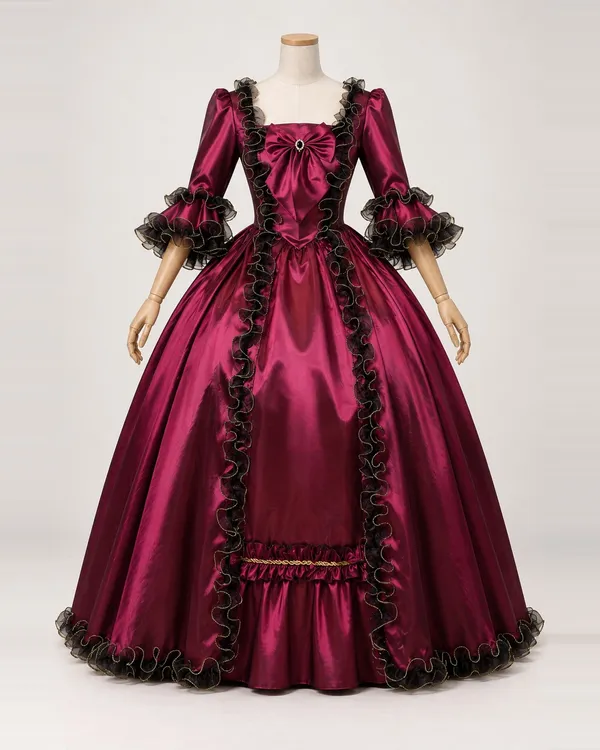 Grenat Théâtral — Burgundy Satin-Look Gown with Black Ruffles