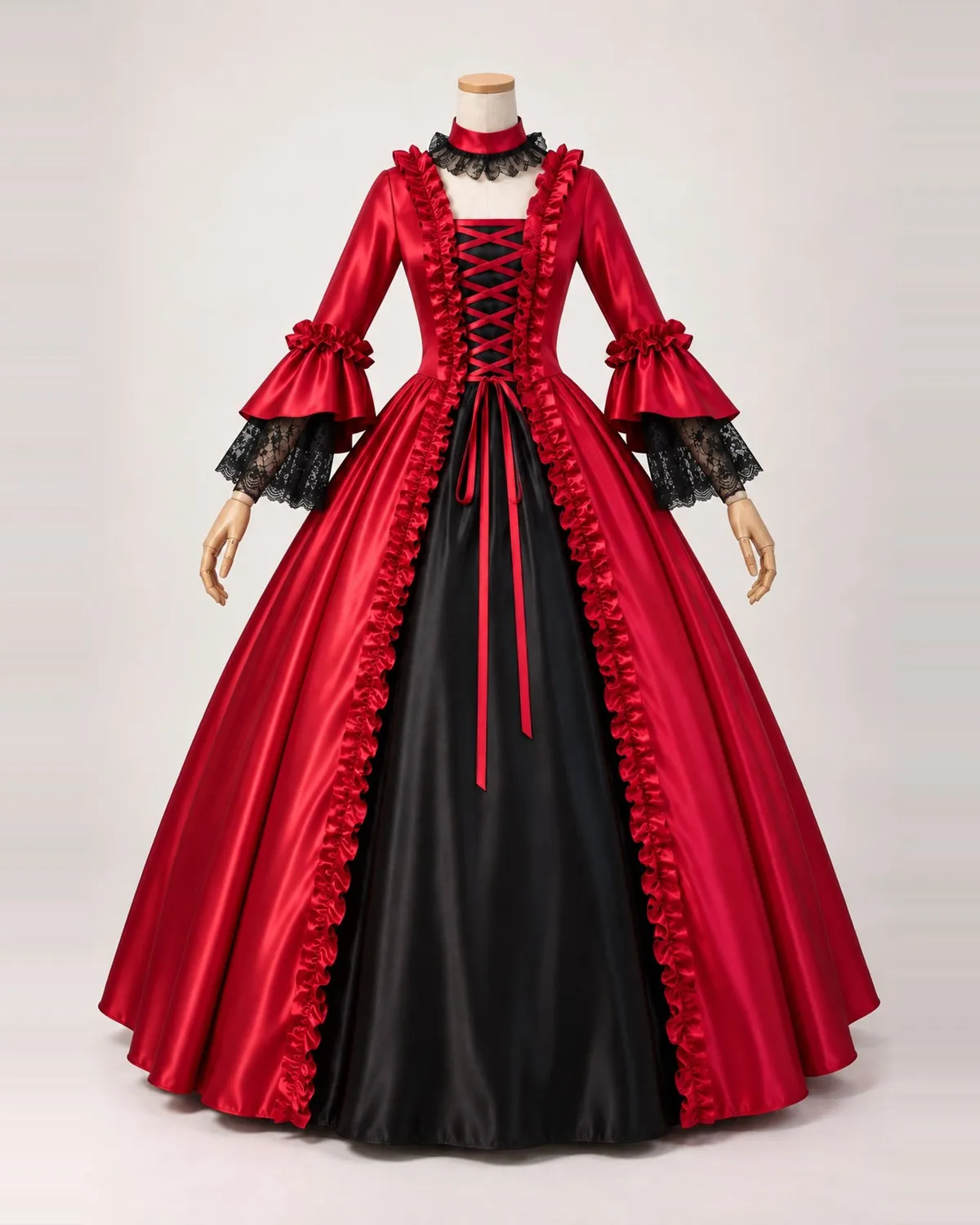Braise Écarlate — Red Satin-Look Gown with Black Front Panel — shown on a mannequin, front product view
