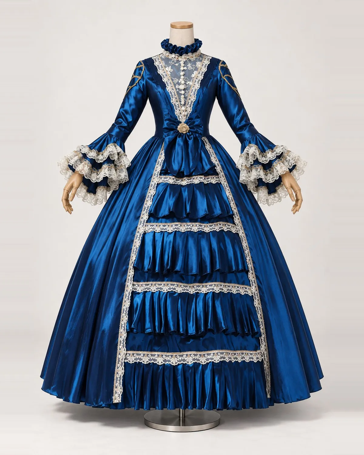 Cobalt Majesté — Royal Blue Satin-Look Gown with Ivory Lace Front Tiers — shown on a mannequin, front product view