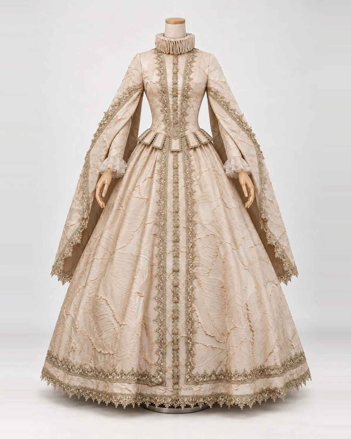 Couronne Sereine — Champagne Leaf-Pattern Gown with Ruff Collar — shown on a mannequin, front product view