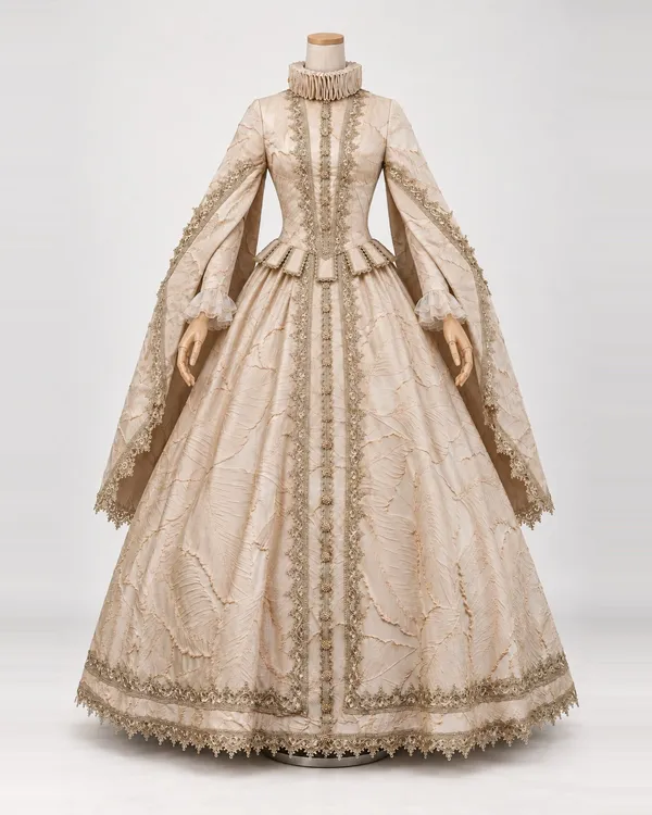 Couronne Sereine — Champagne Leaf-Pattern Gown with Ruff Collar