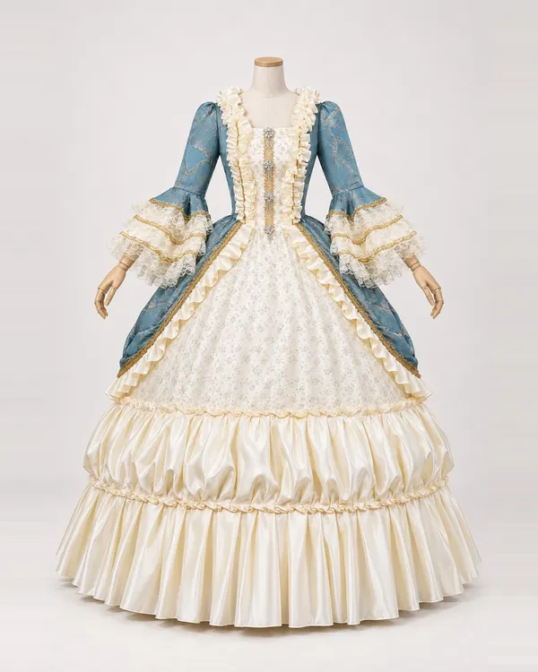 Rivage Paisible — Cream and Dusty Blue Gown with Puffed Skirt Band