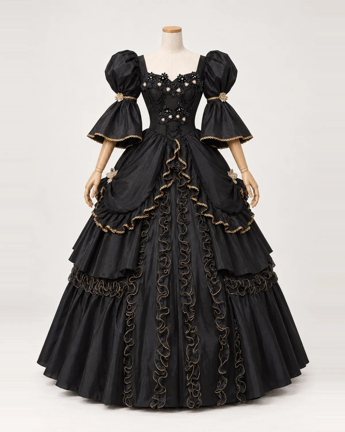 Dahlia Obscur — Black Ball Gown with Gold-Edged Ruffles — shown on a mannequin, front product view
