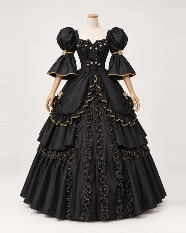 Dahlia Obscur — Black Ball Gown with Gold-Edged Ruffles