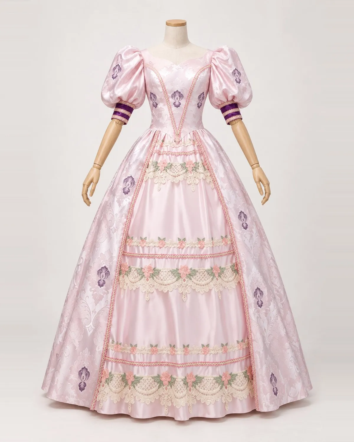 Iris Poudré — Pale Pink Patterned Gown with Purple Motifs and Floral Lace — shown on a mannequin, front product view