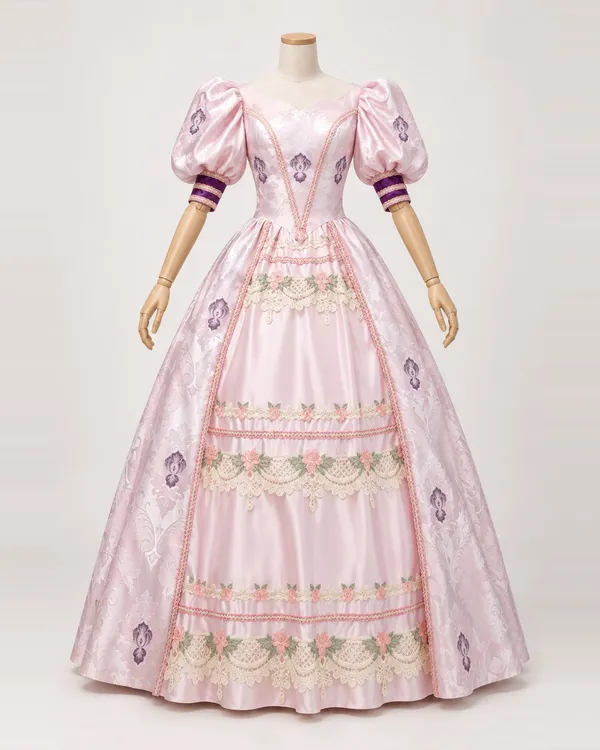 Iris Poudré — Pale Pink Patterned Gown with Purple Motifs and Floral Lace