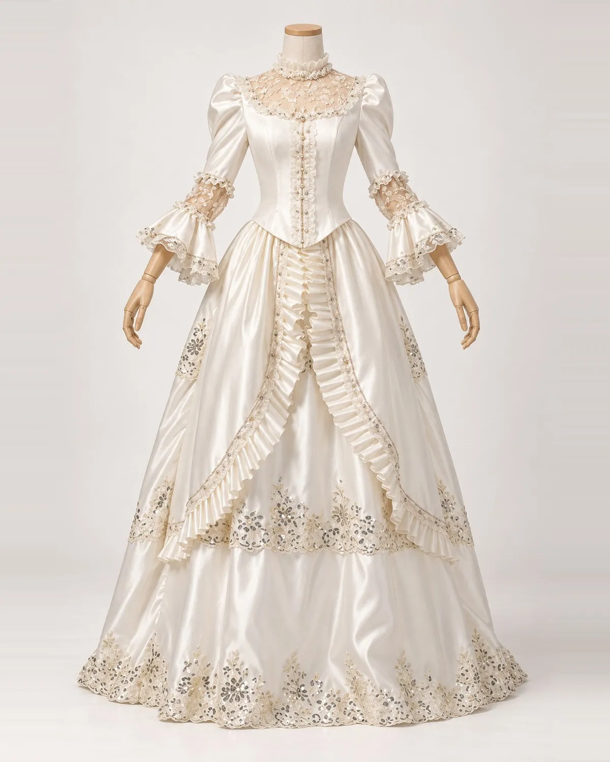 Hermine Nacrée — Ivory Satin-Look Gown with Sheer Lace Yoke — shown on a mannequin, front product view
