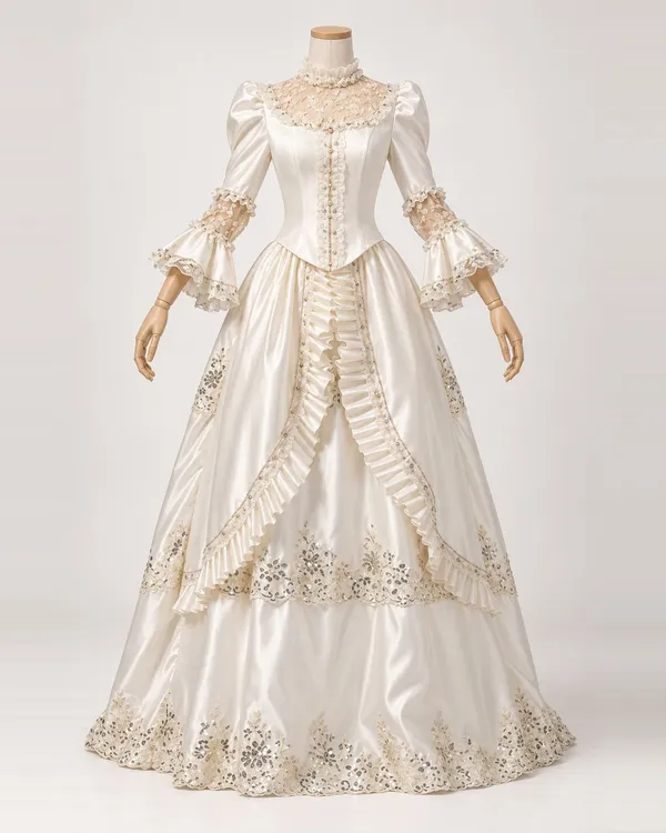 Hermine Nacrée — Ivory Satin-Look Gown with Sheer Lace Yoke