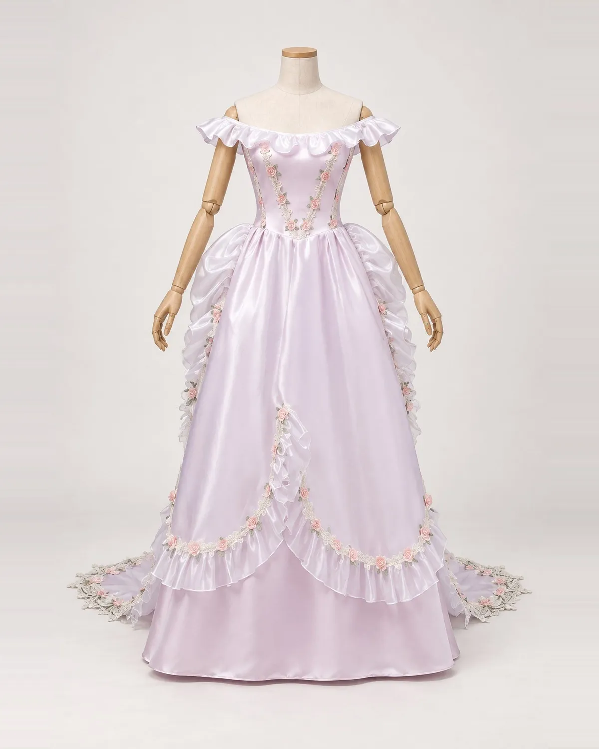 Aubade Lilas — Lavender Satin-Look Gown with Rose Trim — shown on a mannequin, front product view