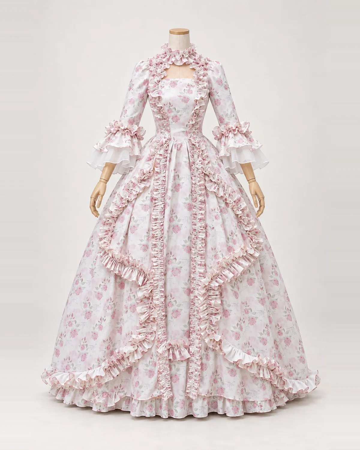 Fleur de Porcelaine — White Rose-Patterned Gown with Pink-Edged Ruffles — shown on a mannequin, front product view