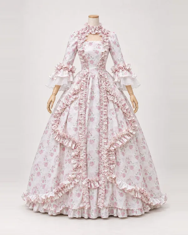 Fleur de Porcelaine — White Rose-Patterned Gown with Pink-Edged Ruffles
