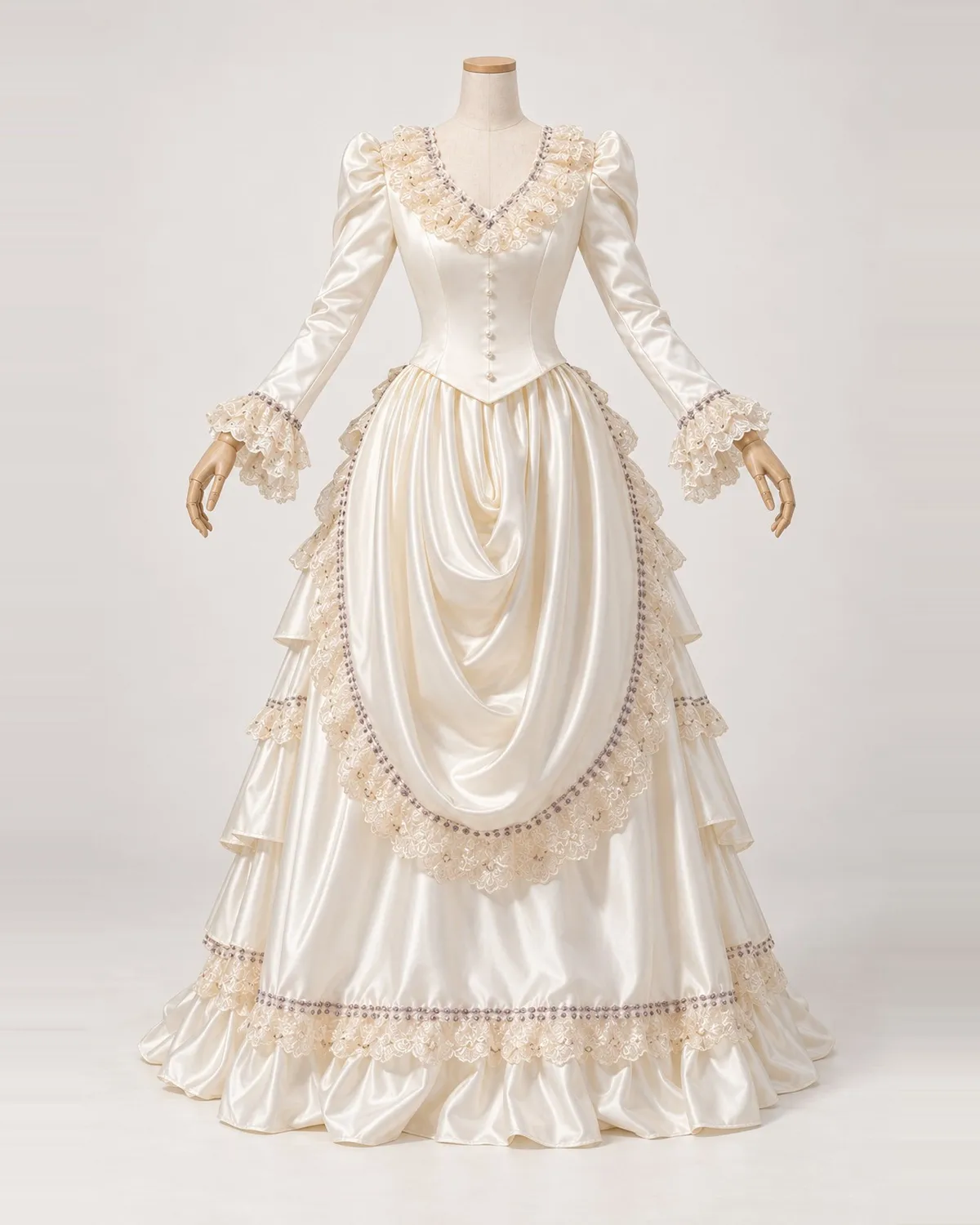 Nacre Drapée — Ivory Satin-Look Gown with Draped Lace Apron — shown on a mannequin, front product view