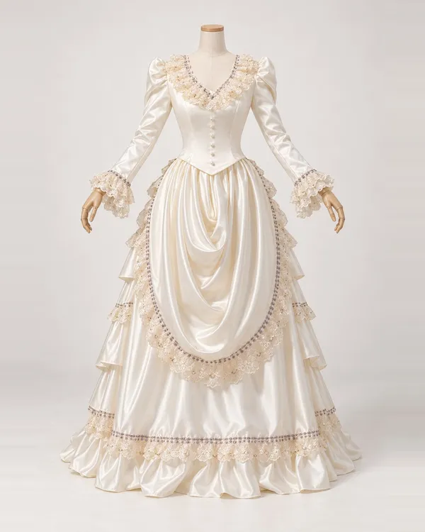 Nacre Drapée — Ivory Satin-Look Gown with Draped Lace Apron