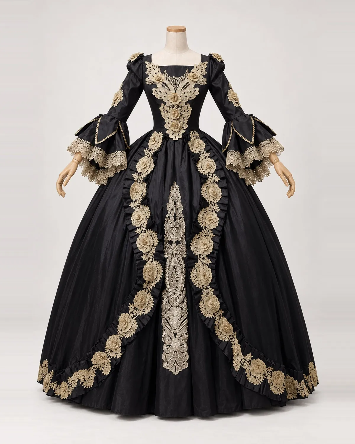 Rosace Nocturne — Black Ball Gown with Gold Floral Lace — shown on a mannequin, front product view