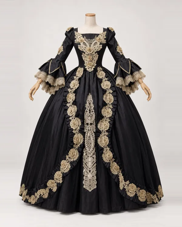 Rosace Nocturne — Black Ball Gown with Gold Floral Lace