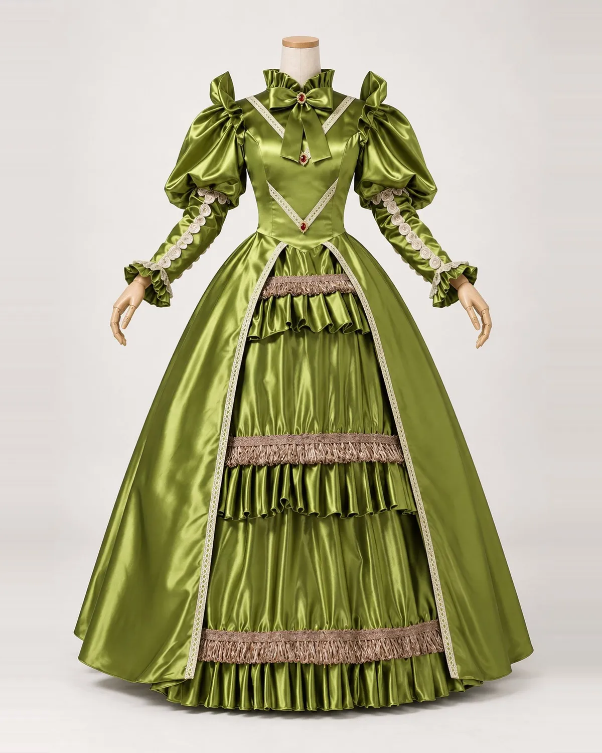 Chartreuse Galante — Yellow-Green Satin-Look Gown with Fringed Tiers — shown on a mannequin, front product view