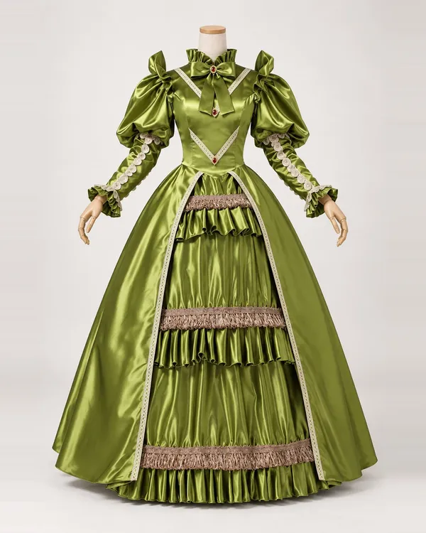 Chartreuse Galante — Yellow-Green Satin-Look Gown with Fringed Tiers