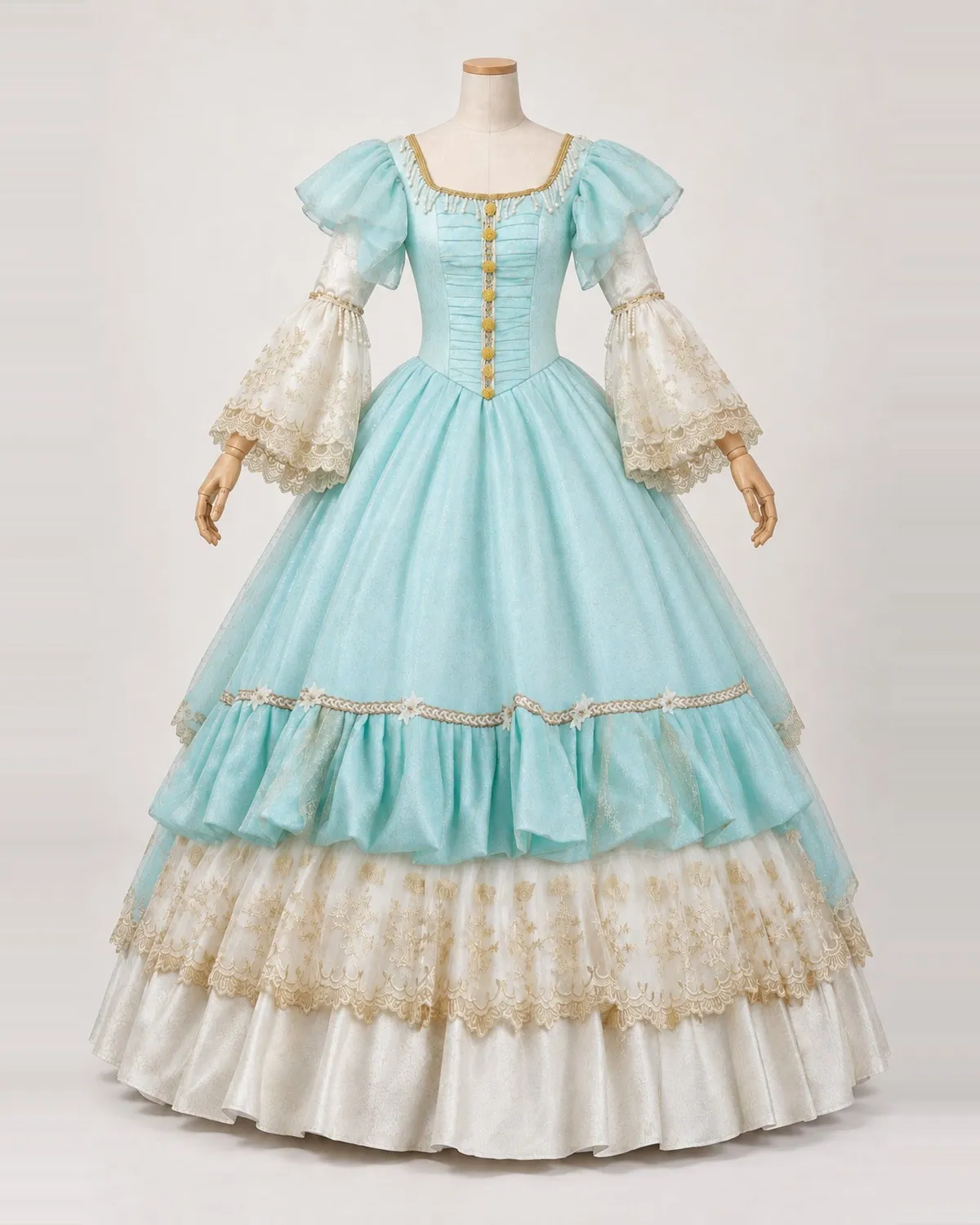 Ondine Dorée — Aqua and Cream Tiered Lace Ball Gown — shown on a mannequin, front product view